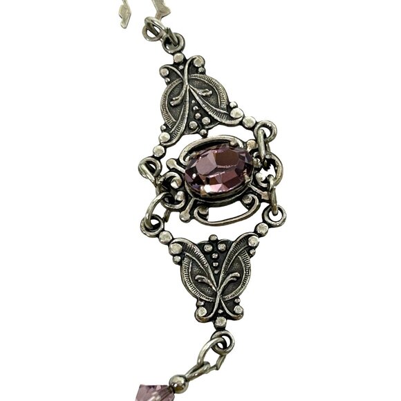 Sadie Green Vtg Bracelet Silver Tone Faux Amethyst Floral Filigree Panels Beads - Picture 9 of 16